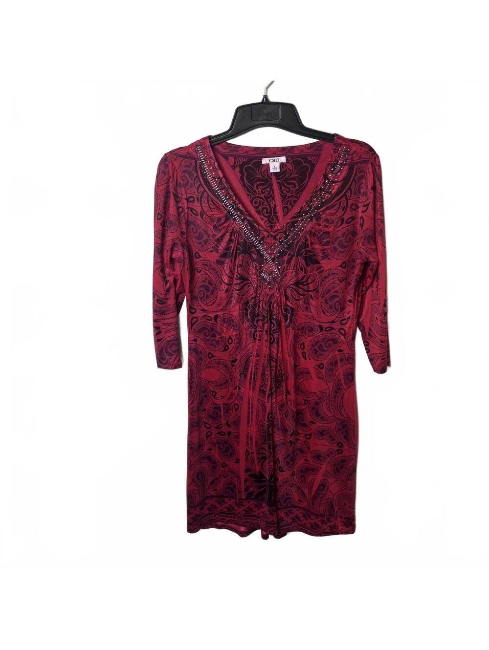 Cato Deep Red Black Paisley Artsy Whimsical Embellished V-Neck Dress Size Medium